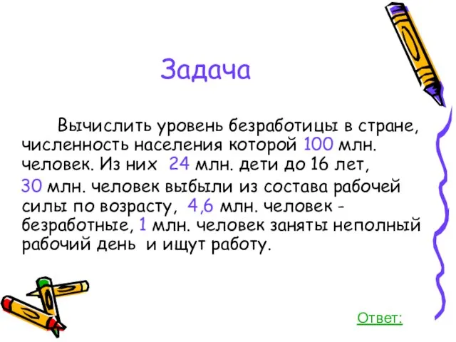 Задача Вычислить уровень безработицы в стране, численность населения которой 100 млн. человек.