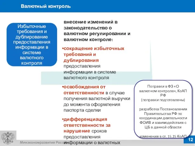 Валютный контроль Поправки в ФЗ «О валютном контроле», КоАП РФ (поправки подготовлены)