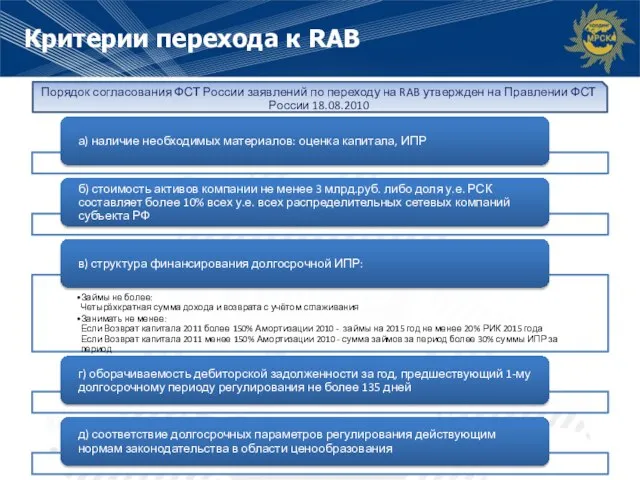 Критерии перехода к RAB Порядок согласования ФСТ России заявлений по переходу на