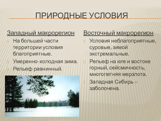 ПРИРОДНЫЕ УСЛОВИЯ Западный макрорегион На большей части территории условия благоприятные. Умеренно-холодная зима.