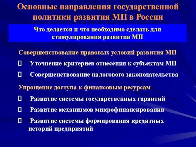 Совершенствование правовых условий развития МП Уточнение критериев отнесения к субъектам МП Совершенствование