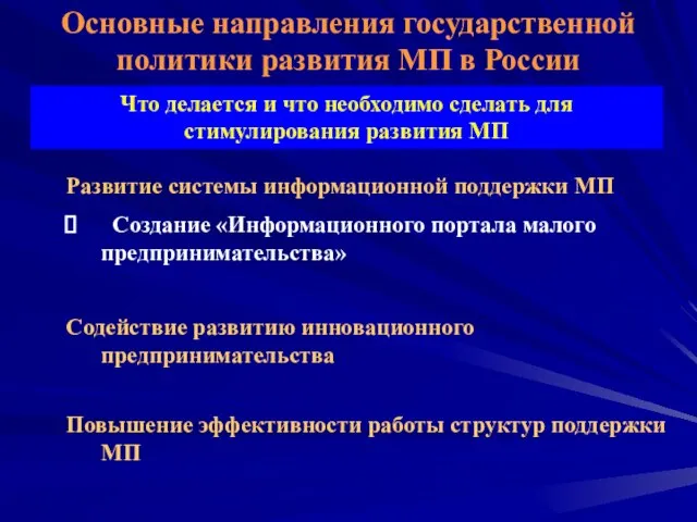 Развитие системы информационной поддержки МП Создание «Информационного портала малого предпринимательства» Содействие развитию