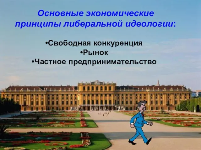 Основные экономические принципы либеральной идеологии: Свободная конкуренция Рынок Частное предпринимательство Основные экономические