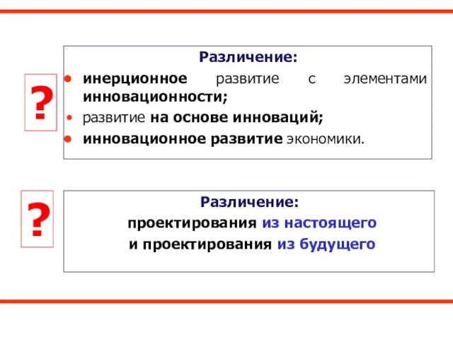 Различение: инерционное развитие с элементами инновационности; развитие на основе инноваций; инновационное развитие