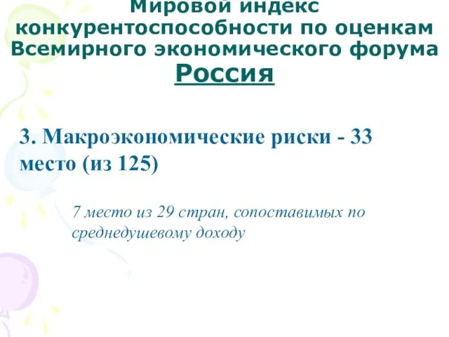 Мировой индекс конкурентоспособности по оценкам Всемирного экономического форума Россия 3. Макроэкономические риски