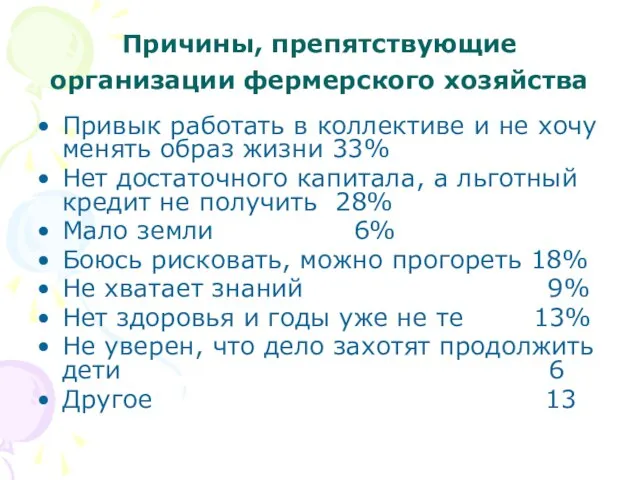 Причины, препятствующие организации фермерского хозяйства Привык работать в коллективе и не хочу