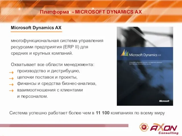 Microsoft Dynamics AX многофункциональная система управления ресурсами предприятия (ERP II) для средних