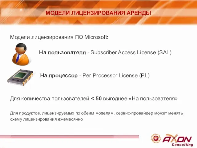 Модели лицензирования ПО Microsoft: На пользователя - Subscriber Access License (SAL) На