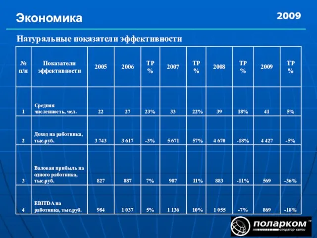 Экономика 2009 Натуральные показатели эффективности