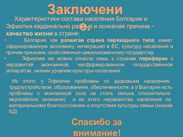 Заключение. Характеристики состава населения Болгарии и Эфиопии кардинально разные и основная причина