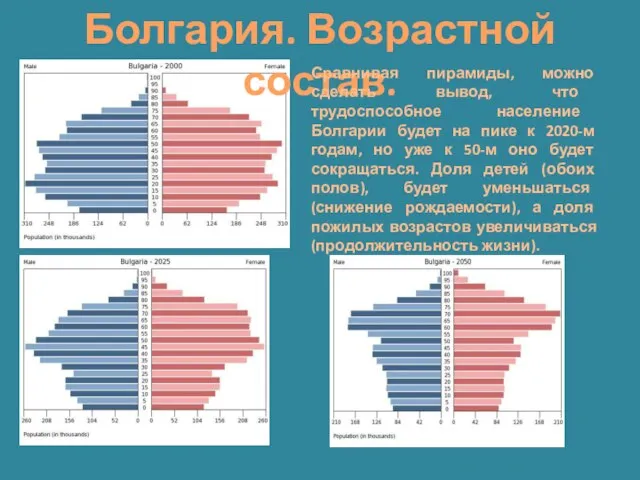 Болгария. Возрастной состав. Сравнивая пирамиды, можно сделать вывод, что трудоспособное население Болгарии