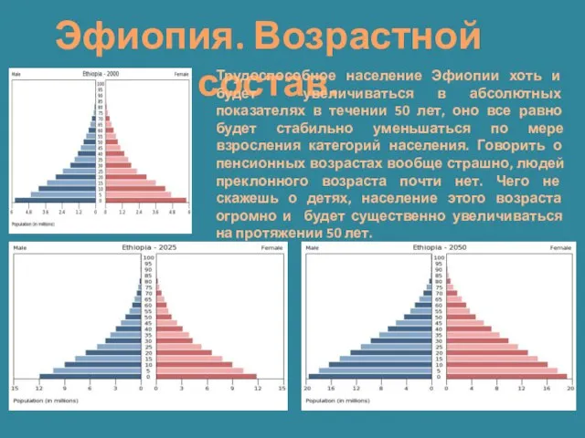 Эфиопия. Возрастной состав. Трудоспособное население Эфиопии хоть и будет увеличиваться в абсолютных