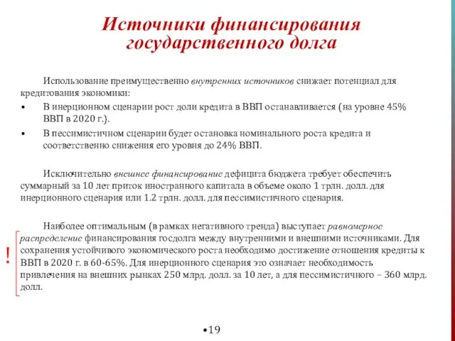 Источники финансирования государственного долга Использование преимущественно внутренних источников снижает потенциал для кредитования