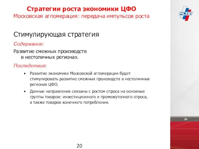 Стратегии роста экономики ЦФО Московская агломерация: передача импульсов роста Стимулирующая стратегия Содержание: