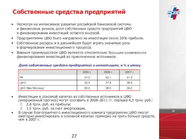 Инвестиции в основной капитал из собственных источников в ЦФО (инерционный прогноз) могут