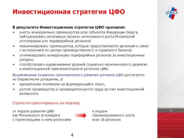 В результате Инвестиционная стратегия ЦФО призвана: учесть конкурентные преимущества всех субъектов Федерации