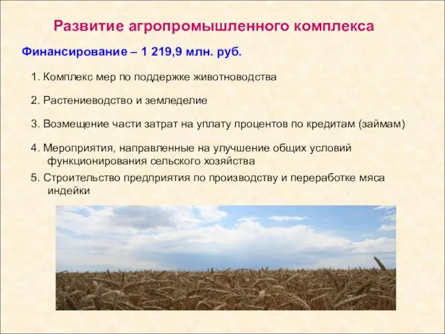 Развитие агропромышленного комплекса Финансирование – 1 219,9 млн. руб.