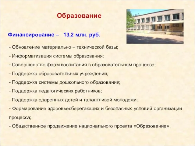 Образование Финансирование – 13,2 млн. руб.