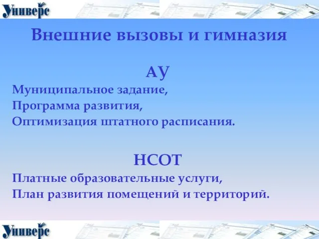 Внешние вызовы и гимназия АУ Муниципальное задание, Программа развития, Оптимизация штатного расписания.