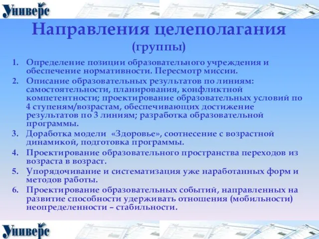 Направления целеполагания (группы) Определение позиции образовательного учреждения и обеспечение нормативности. Пересмотр миссии.