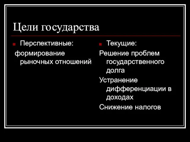 Цели государства Перспективные: формирование рыночных отношений Текущие: Решение проблем государственного долга Устранение