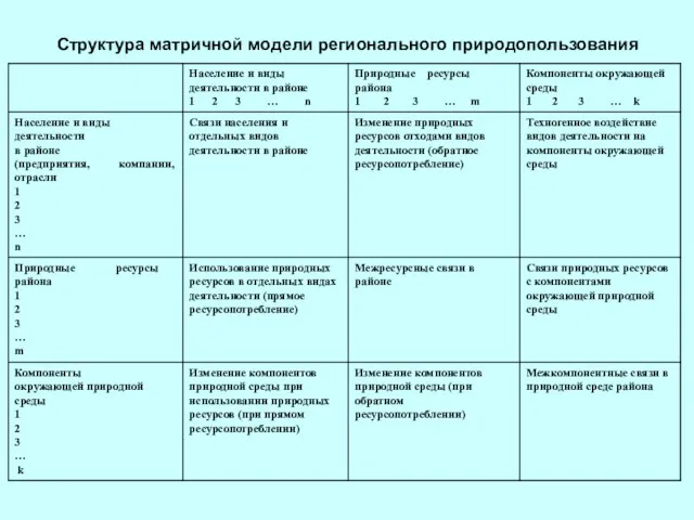 Структура матричной модели регионального природопользования