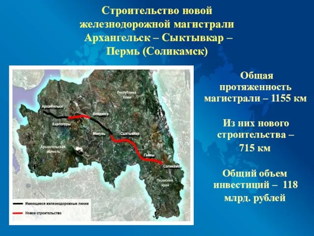 Строительство новой железнодорожной магистрали Архангельск – Сыктывкар – Пермь (Соликамск) Общая протяженность