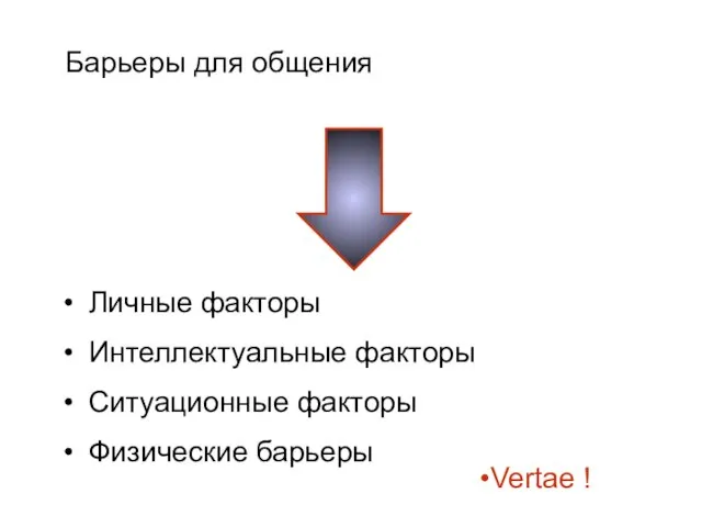 Барьеры для общения Личные факторы Интеллектуальные факторы Ситуационные факторы Физические барьеры Vertae !