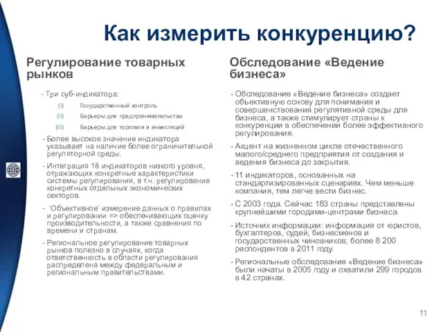 Как измерить конкуренцию? Регулирование товарных рынков - Три суб-индикатора: Государственный контроль Барьеры