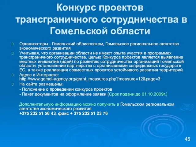 Конкурс проектов трансграничного сотрудничества в Гомельской области Организаторы - Гомельский облисполком, Гомельское