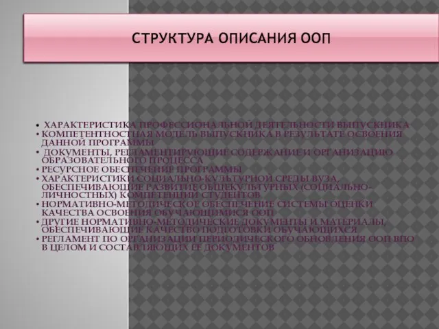 СТРУКТУРА ОПИСАНИЯ ООП ХАРАКТЕРИСТИКА ПРОФЕССИОНАЛЬНОЙ ДЕЯТЕЛЬНОСТИ ВЫПУСКНИКА КОМПЕТЕНТНОСТНАЯ МОДЕЛЬ ВЫПУСКНИКА В РЕЗУЛЬТАТЕ