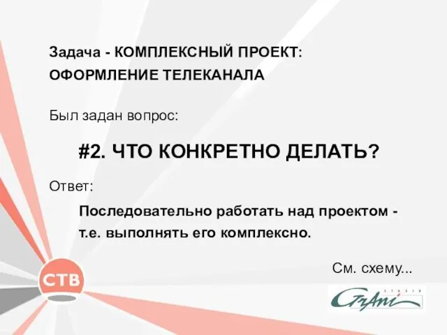 #2. ЧТО КОНКРЕТНО ДЕЛАТЬ? Задача - КОМПЛЕКСНЫЙ ПРОЕКТ: ОФОРМЛЕНИЕ ТЕЛЕКАНАЛА См. схему...