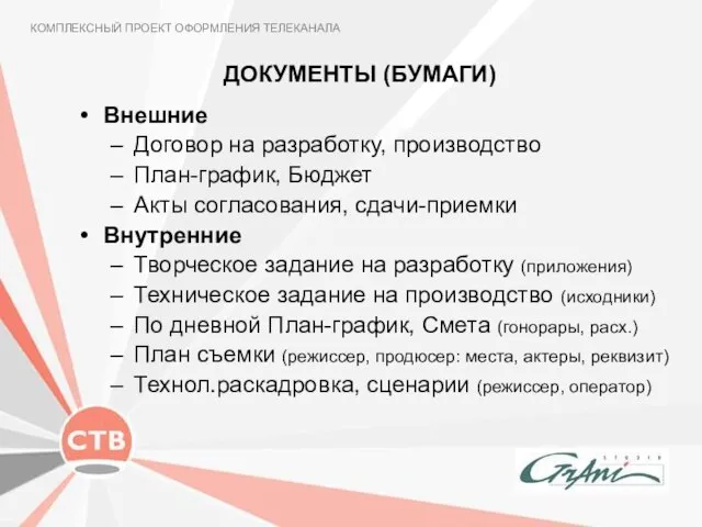 ДОКУМЕНТЫ (БУМАГИ) КОМПЛЕКСНЫЙ ПРОЕКТ ОФОРМЛЕНИЯ ТЕЛЕКАНАЛА Внешние Договор на разработку, производство План-график,