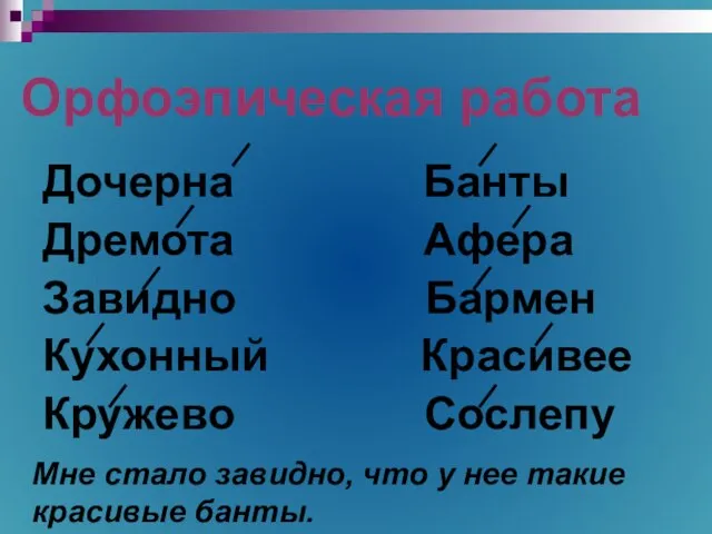 Орфоэпическая работа Дочерна Банты Дремота Афера Завидно Бармен Кухонный Красивее Кружево Сослепу