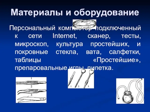 Материалы и оборудование Персональный компьютер подключенный к сети Internet, сканер, тесты, микроскоп,