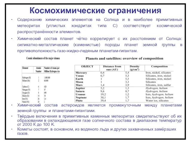 Космохимические ограничения Содержание химических элементов на Солнца и в наиболее примитивных метеоритах