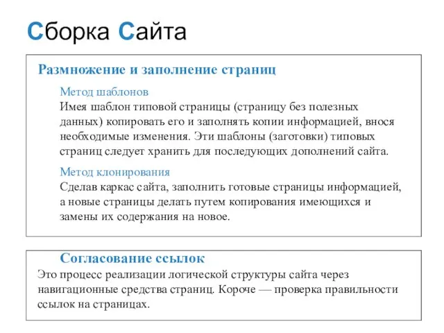 СБОРКА САЙТА Размножение и заполнение страниц Mетод шаблонов Имея шаблон типовой страницы