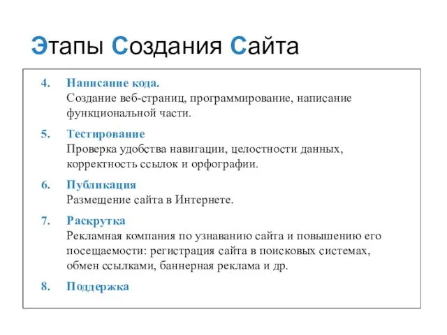 Этапы Создания Сайта Написание кода. Создание веб-страниц, программирование, написание функциональной части. Тестирование