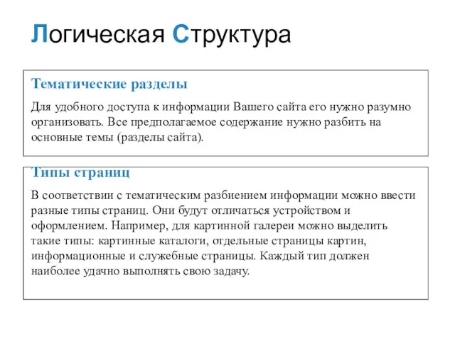 Логическая Структура Тематические разделы Для удобного доступа к информации Вашего сайта его