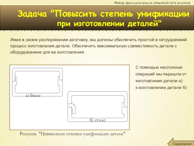 Задача "Повысить степень унификации при изготовлении деталей" Метод функционально-стоимостного анализа Содержание Имея