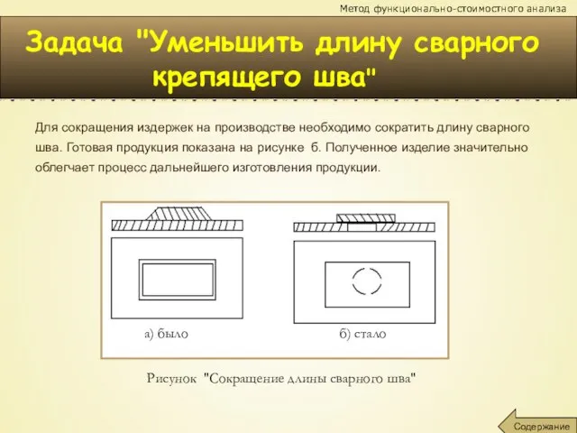 Метод функционально-стоимостного анализа Задача "Уменьшить длину сварного крепящего шва" Содержание Для сокращения