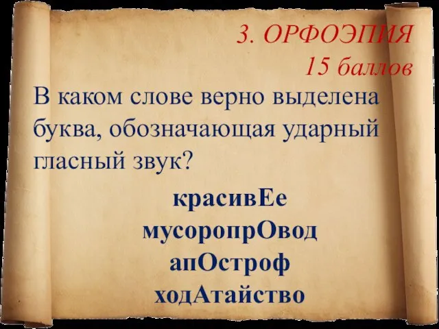 3. ОРФОЭПИЯ 15 баллов В каком слове верно выделена буква, обозначающая ударный