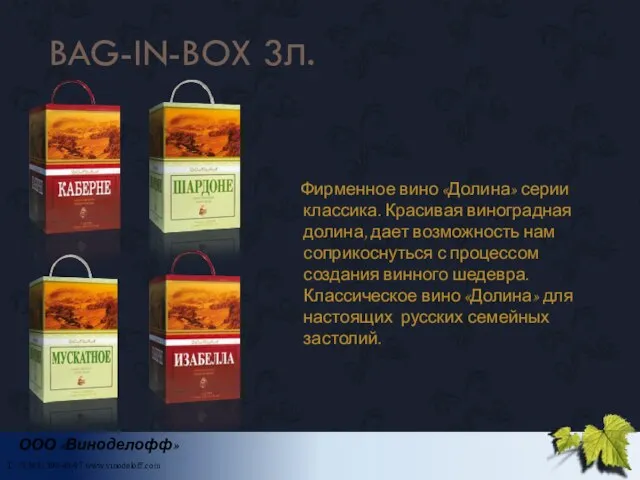 BAG-IN-BOX 3л. Фирменное вино «Долина» серии классика. Красивая виноградная долина, дает возможность