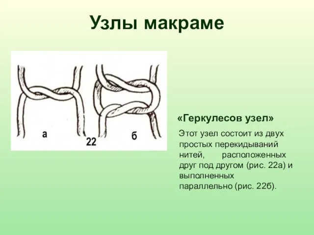 Узлы макраме «Геркулесов узел» Этот узел состоит из двух простых перекидываний нитей,