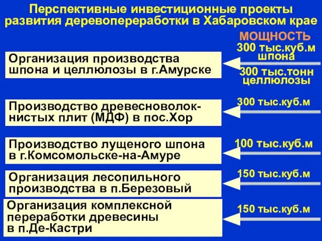 Перспективные инвестиционные проекты развития деревопереработки в Хабаровском крае Организация производства шпона и