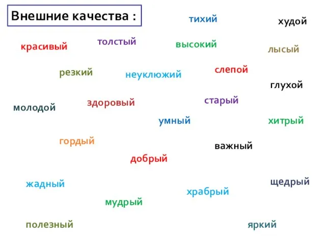 Внешние качества : красивый яркий высокий толстый худой неуклюжий резкий тихий лысый