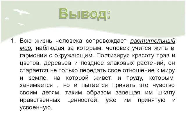 Всю жизнь человека сопровождает растительный мир, наблюдая за которым, человек учится жить