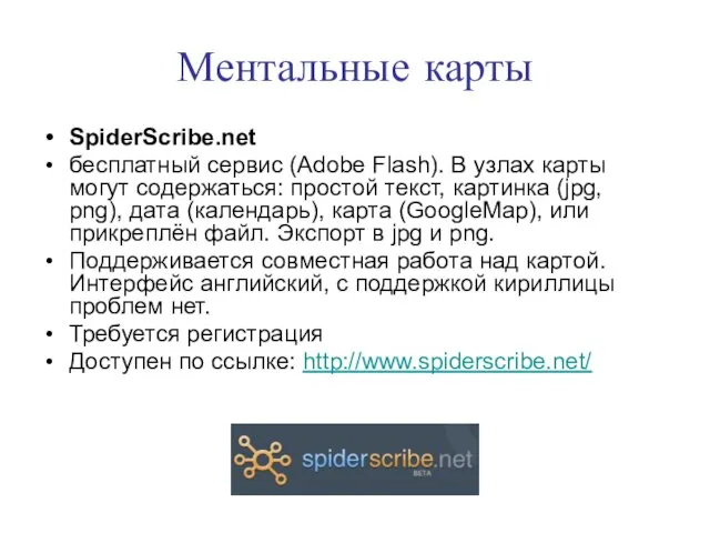 Ментальные карты SpiderScribe.net бесплатный сервис (Adobe Flash). В узлах карты могут содержаться: