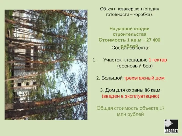 Состав объекта: Участок площадью 1 гектар (сосновый бор) 2. Большой трехэтажный дом