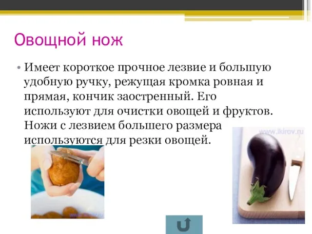 Овощной нож Имеет короткое прочное лезвие и большую удобную ручку, режущая кромка